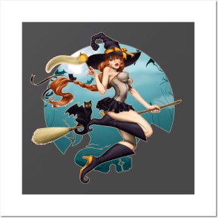 Pin up Girl Witch Happy Halloween Posters and Art